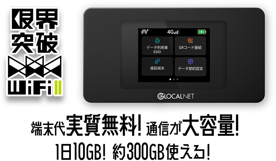 限界突破Wi-Fi　端末代実質無料！　通信が大容量！　1日10GB　約300GB使える