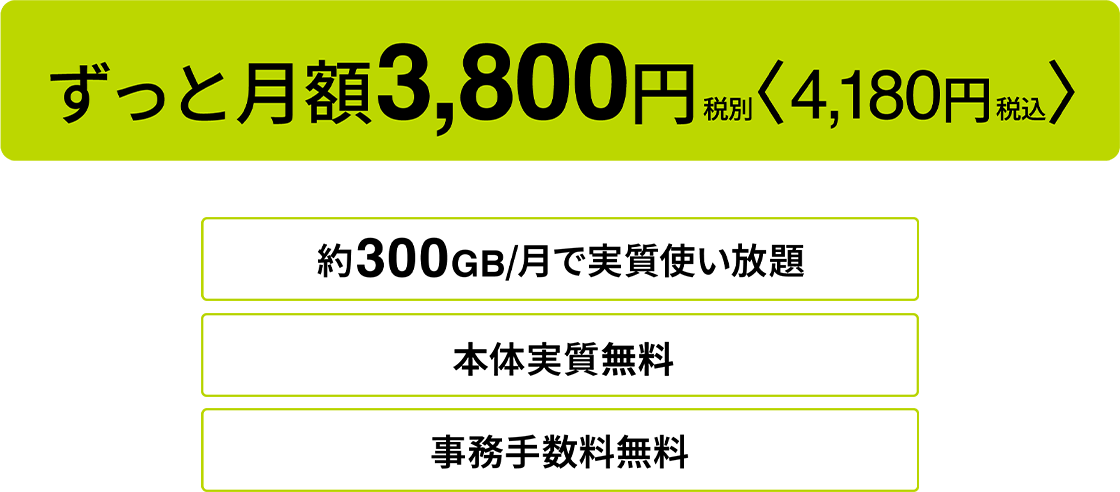 ずっと月額3,800円税別　税込4,180円